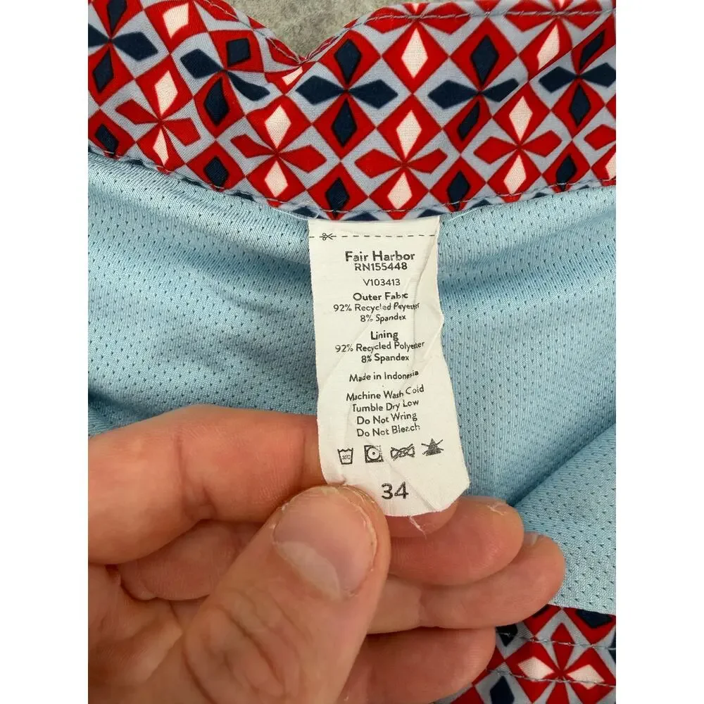 Fair Harbor The Sextant Geometric Swim Trunks Men's Size 34 Red Blue Side Stripe